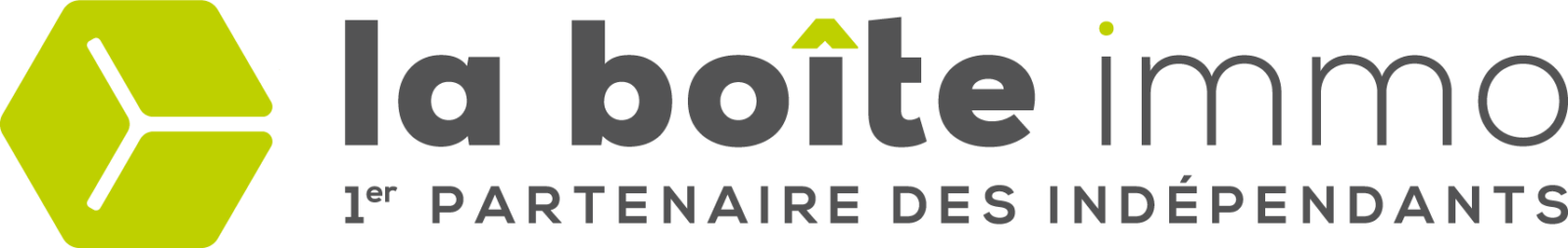 Logo de la boîte immo. Un cube vert pomme et l'inscription la boîte immo 1er partenaire des indépendants
